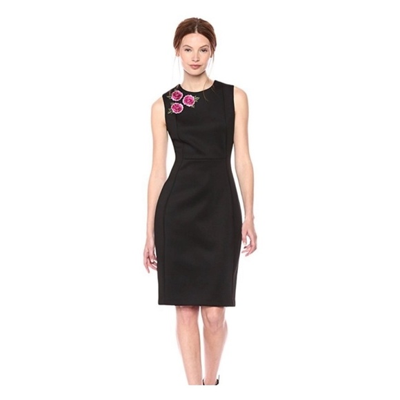Calvin Klein Black Embroidered Floral Scuba Sheath Midi Dress Cocktail Work Sz 6 - Picture 1 of 13